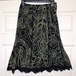 Y2k 90s Fashion Bug Black Asymmetrical A-Line Skirt Neon Yellow Green Flowers